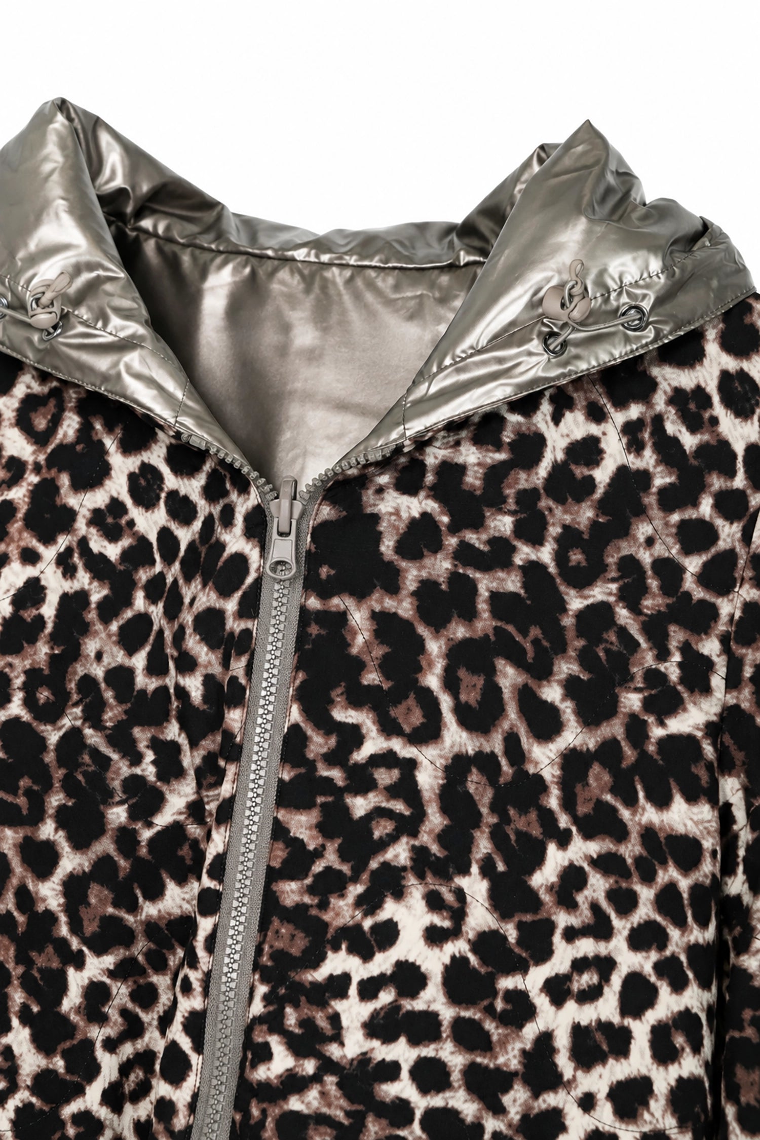 Leopard print jacket with silver hood and zipper