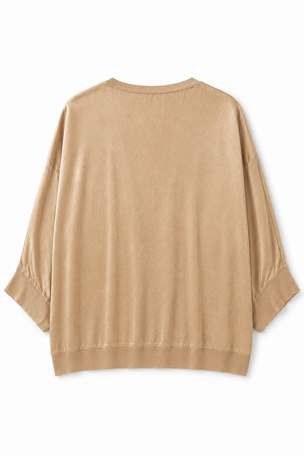 A light tan knit top with three-quarter sleeves and ribbed cuffs, shown from the back on a white background.