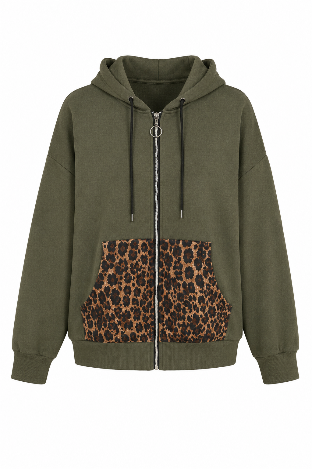 Green hoodie with leopard print pocket on a white background