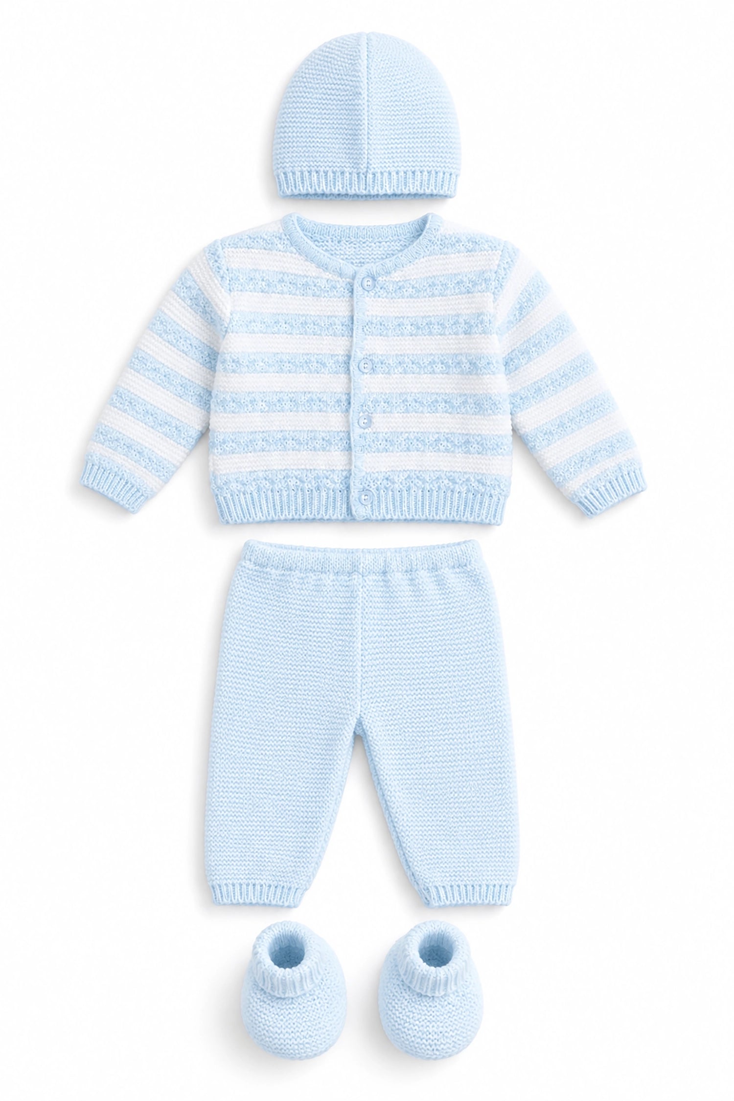 Knitted baby outfit with cardigan, pants, and booties on a white background
