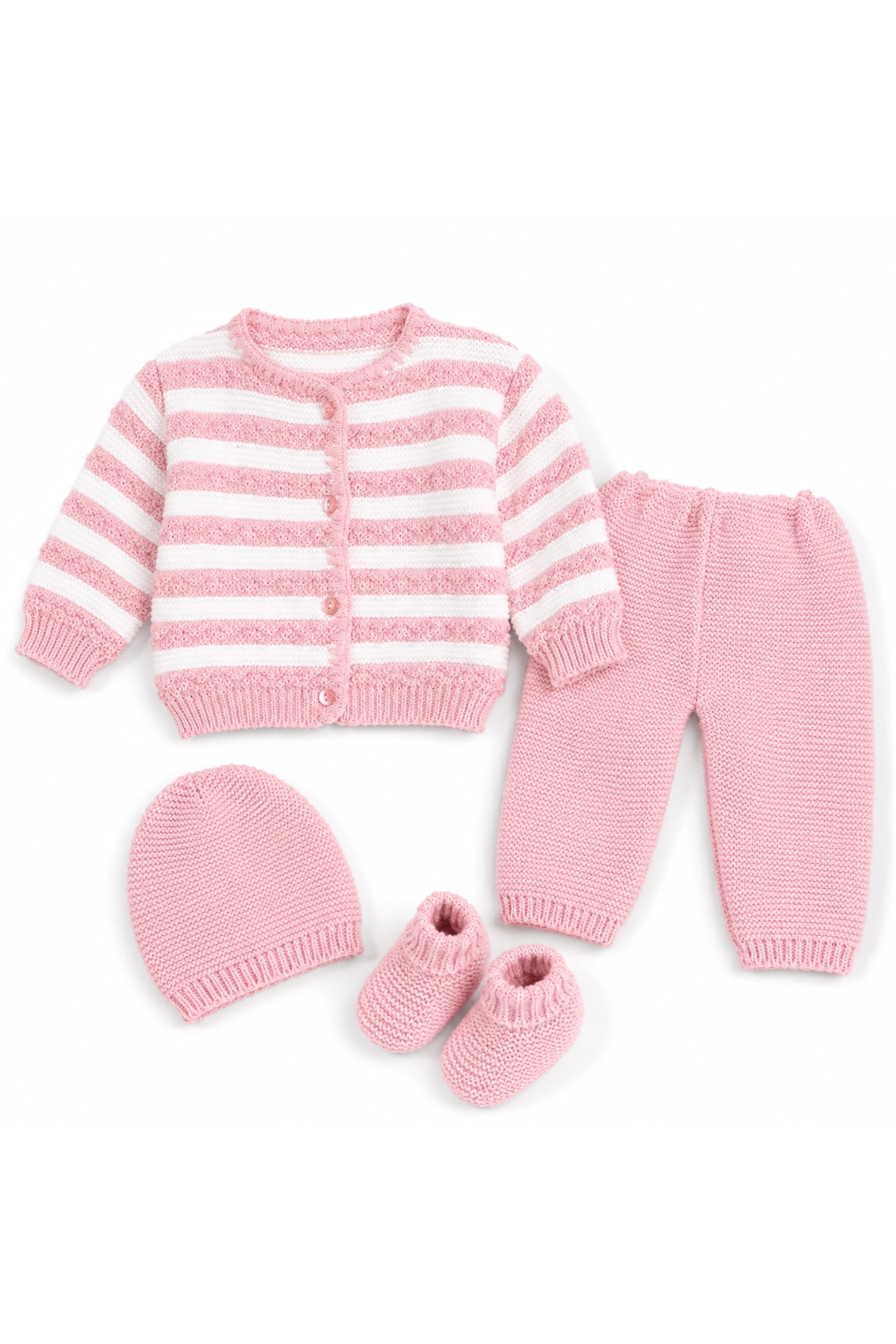Pink and white striped baby outfit with hat and booties on a white background