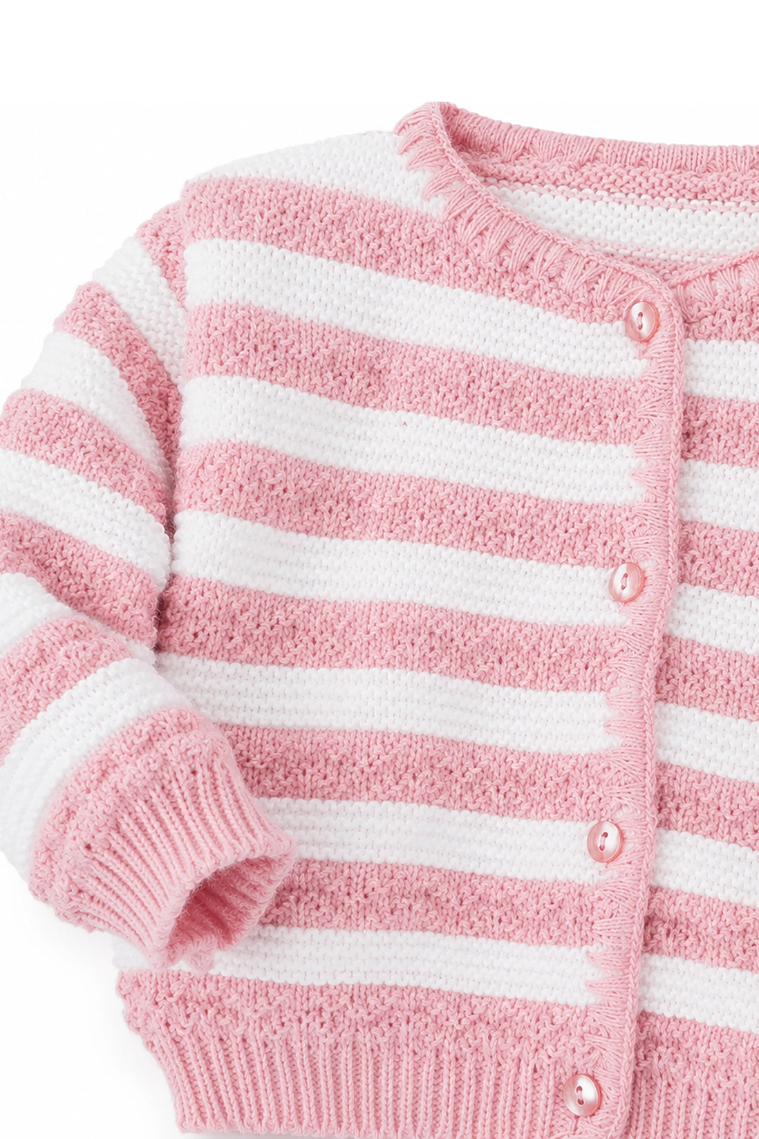 Close-up of a pink and white striped baby cardigan with buttons.