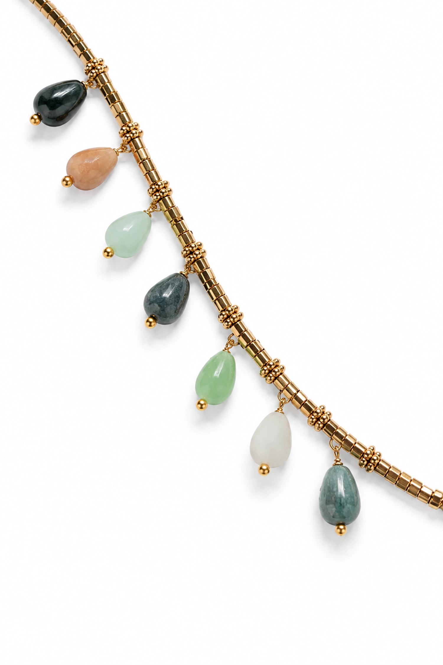 Necklace with gold chain and multicolored beads on a white background