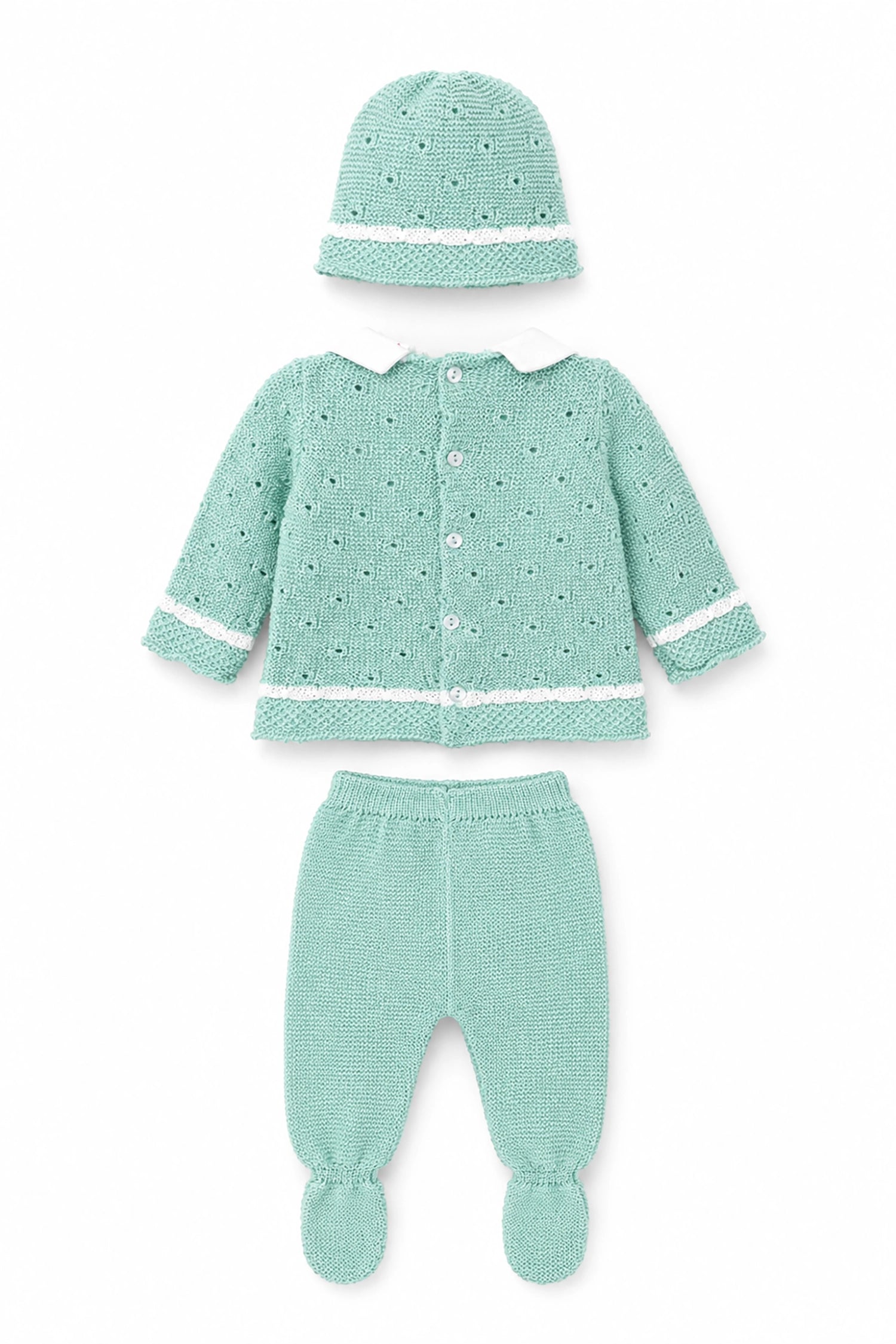 Green baby outfit with cardigan, pants, and hat on a white background