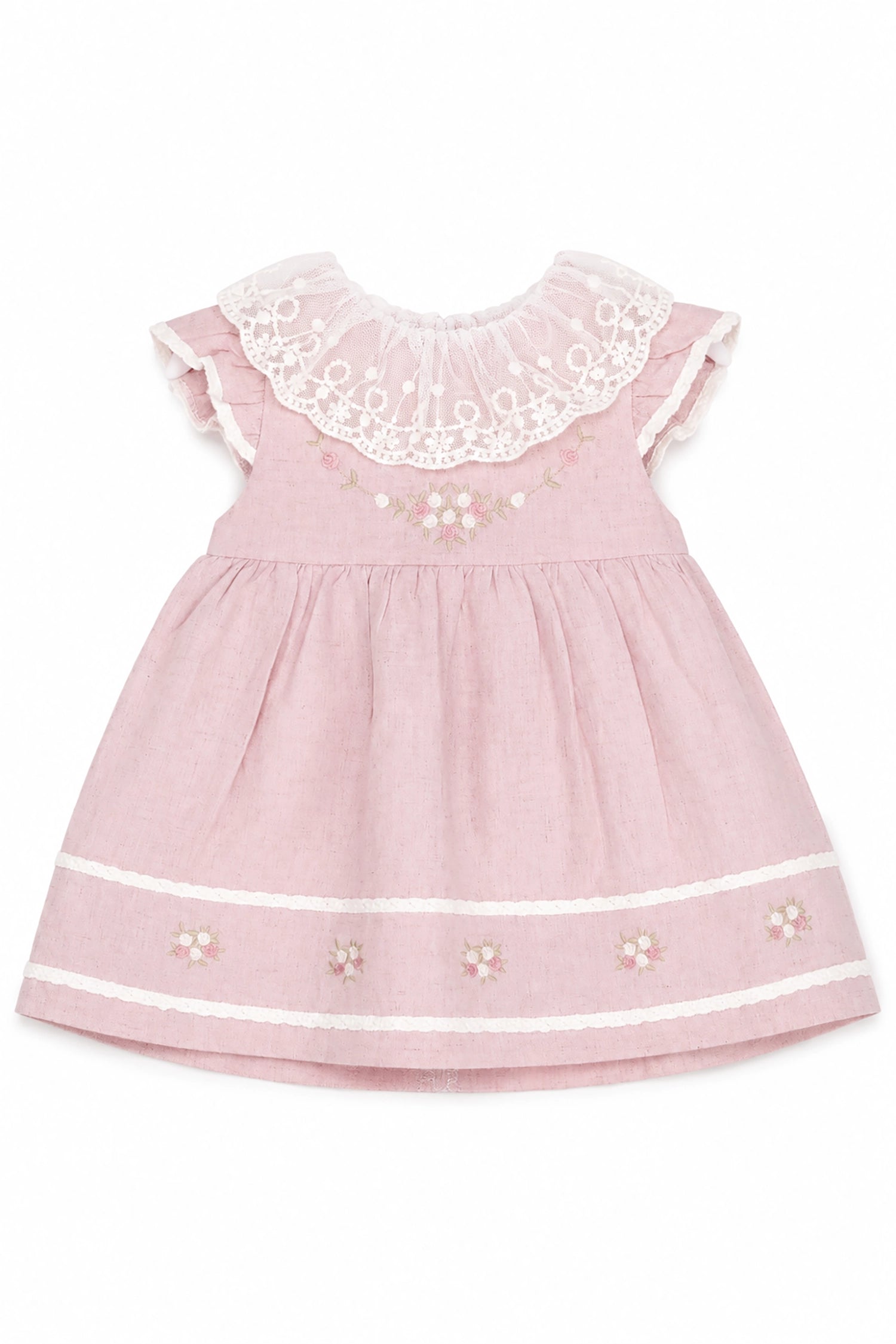 Pink dress with lace collar and floral embroidery on a white background