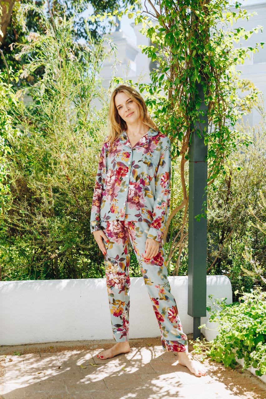 Tranquil Floral Duck Egg With Plum Long PJ