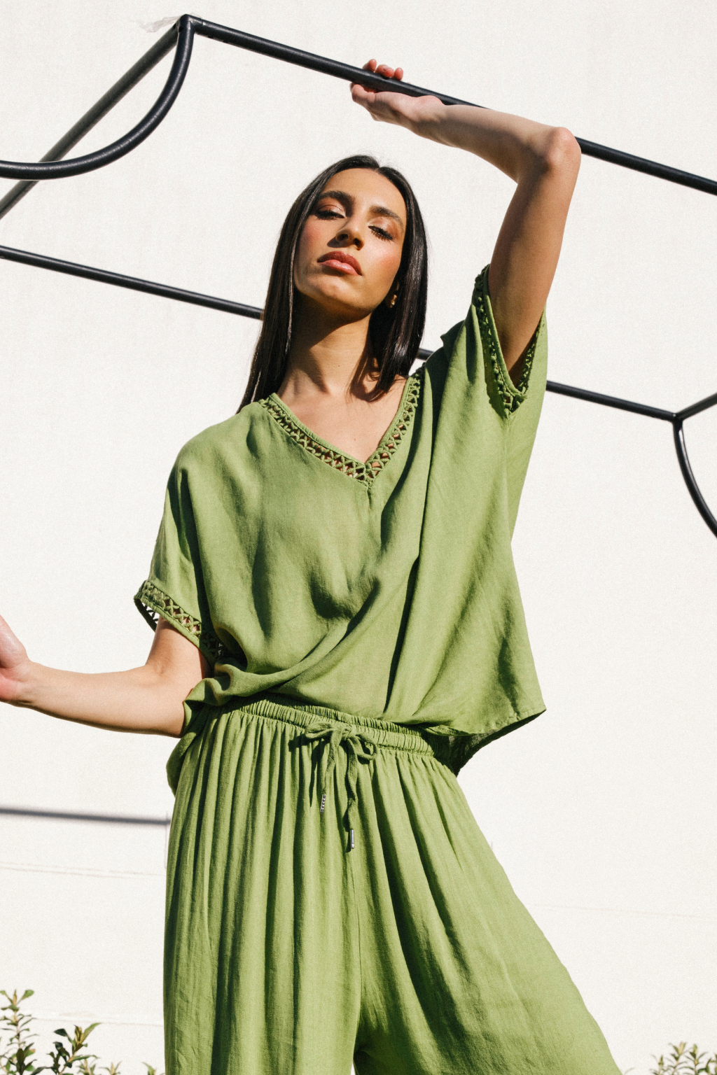 Chartreuse Rania Crochet V-neck Tee