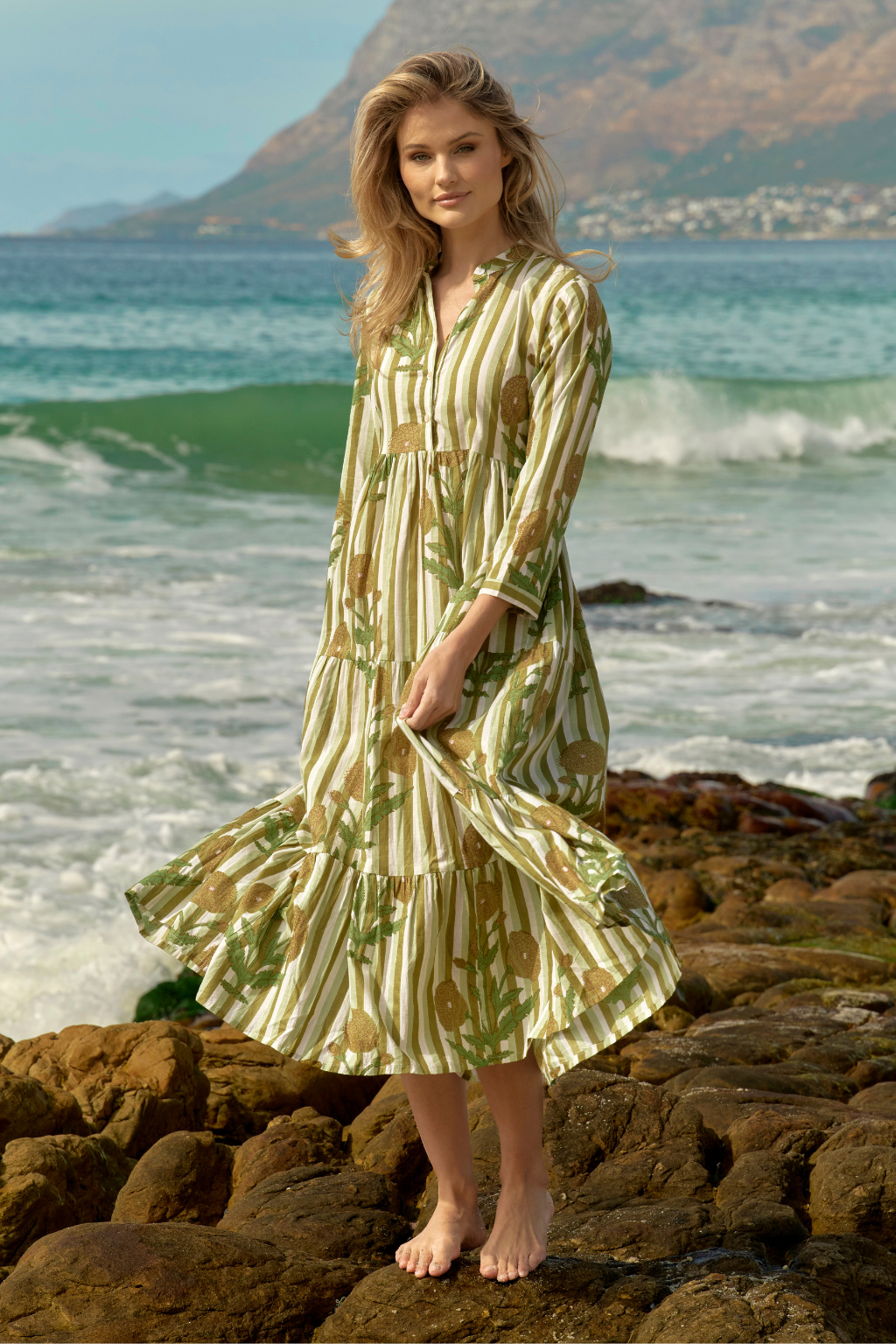 Green Stripe and Floral Print Cotton Shirt Dress