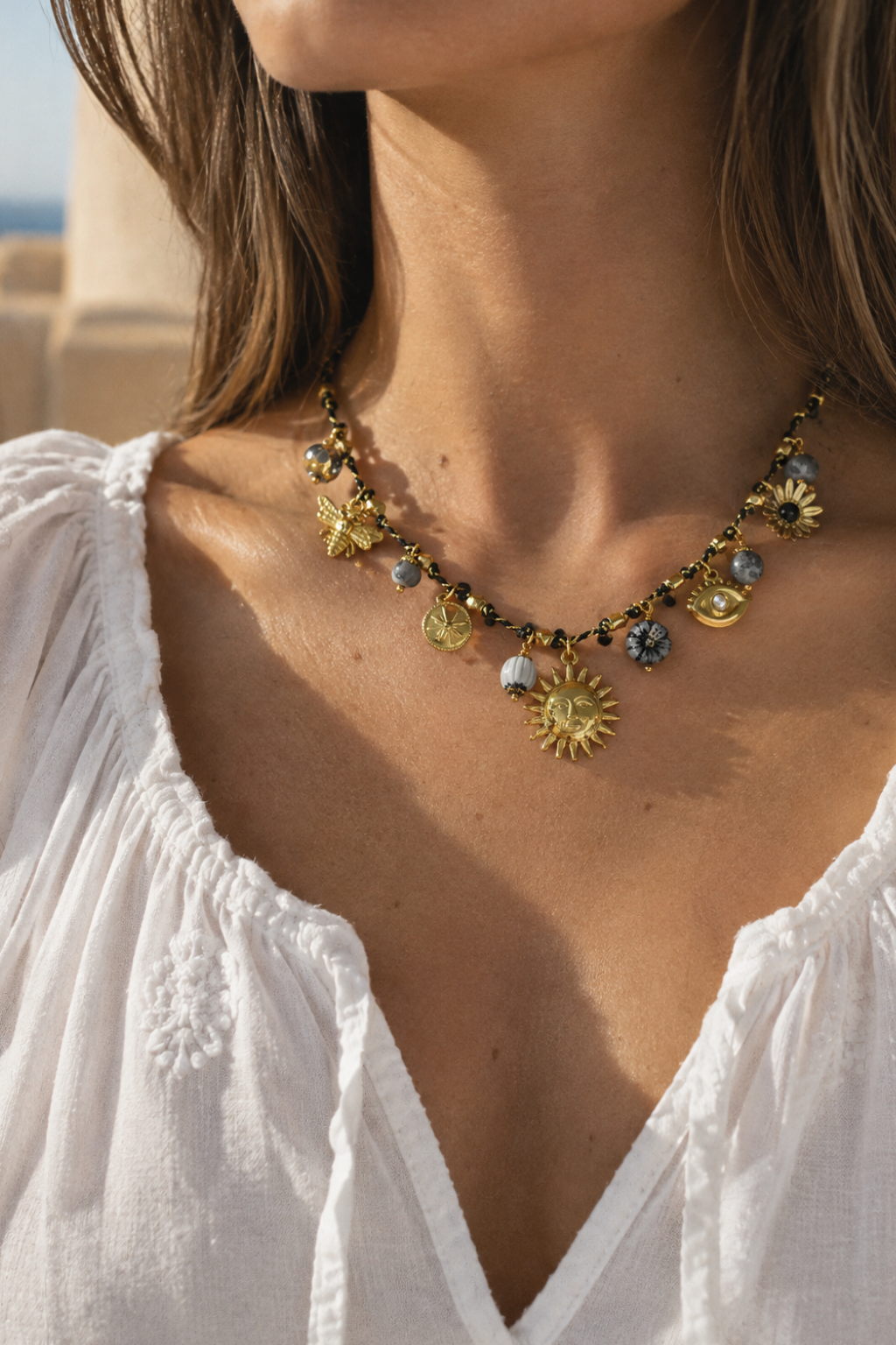 Grey Sunflower Charm Necklace