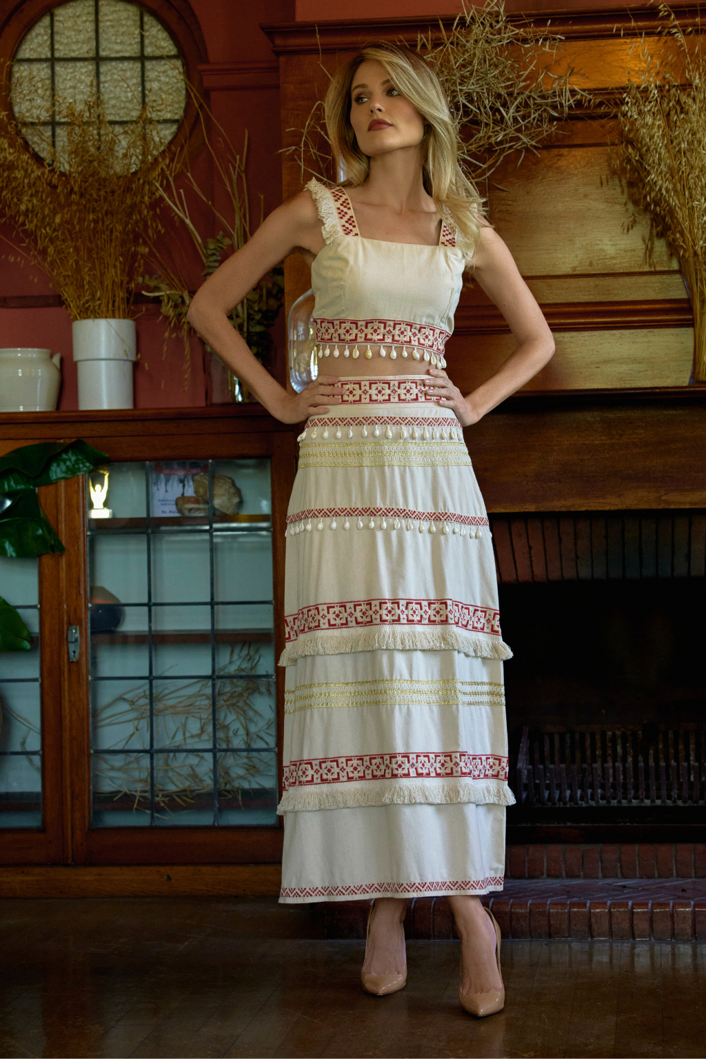 Red Tassel Embroidered Cotton Skirt