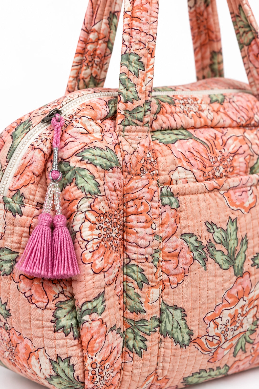 Apricot Floral Duffel Bag With Zip