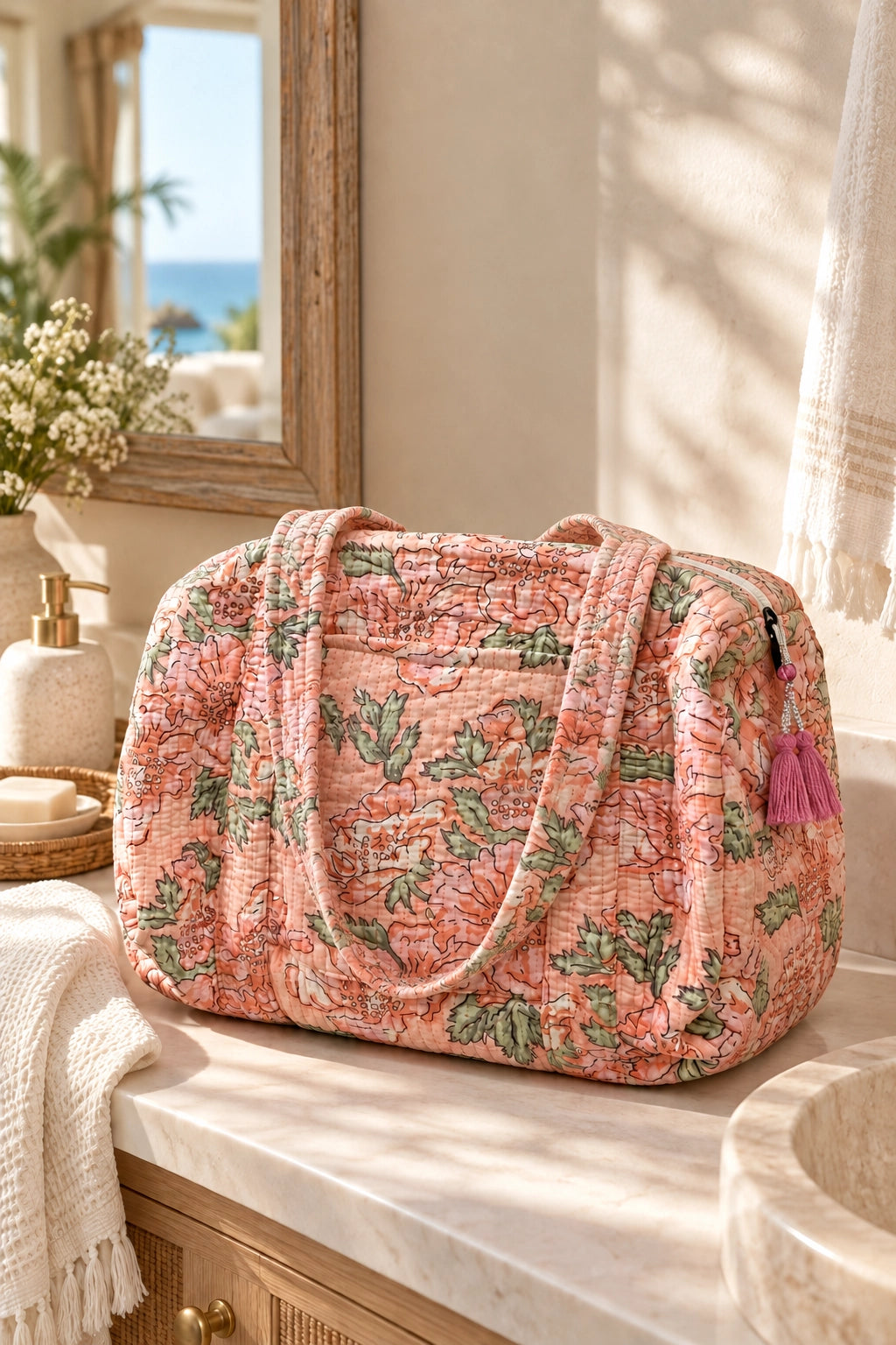 Apricot Floral Duffel Bag With Zip