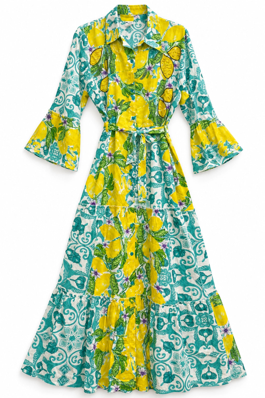 Aqua Lemon Print Cotton Dress