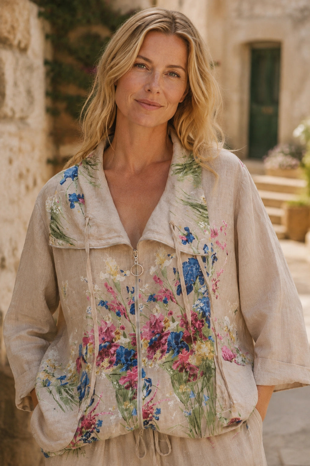 Beige Floral Linen Jacket