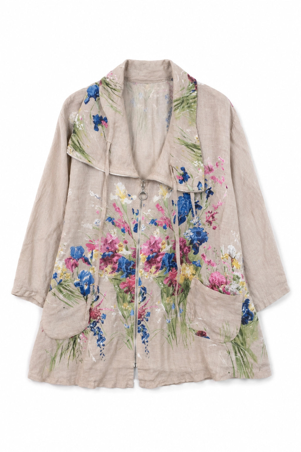 A beige linen open-front cardigan featuring a colorful floral print with blue, pink, and yellow flowers, displayed on a clean white background.