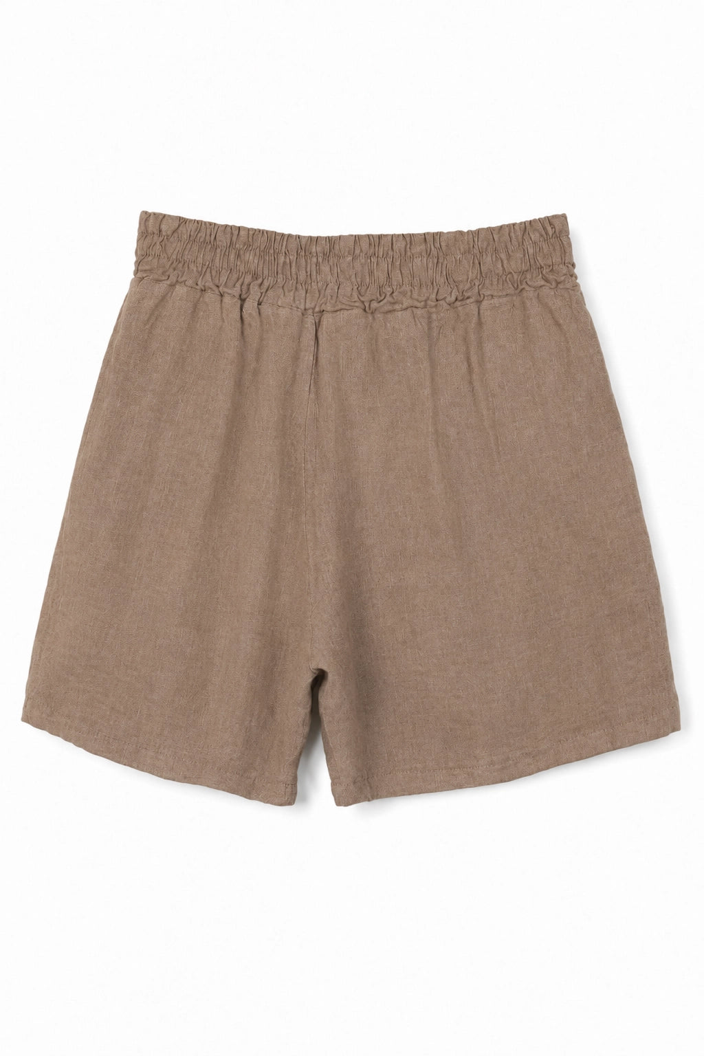 A pair of casual, knee-length shorts in a textured taupe-brown fabric, featuring an elastic waistband, laid flat against a solid white background.