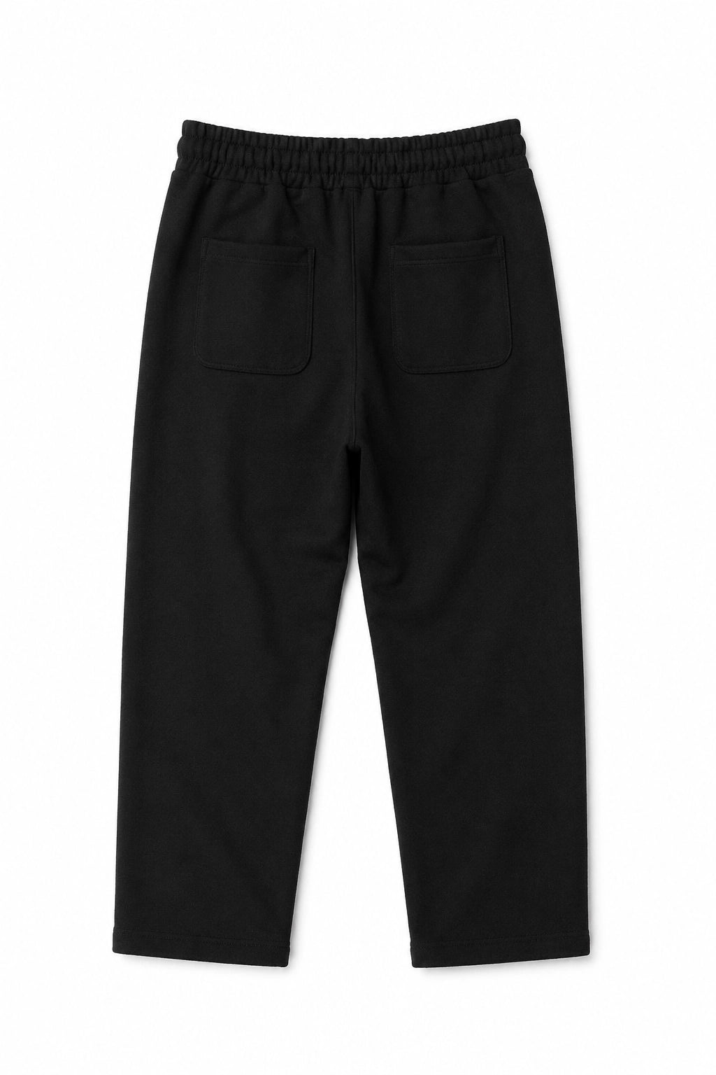 Black pants shown from the back, featuring an elastic waistband and two large patch pockets, photographed on a clean white background.
