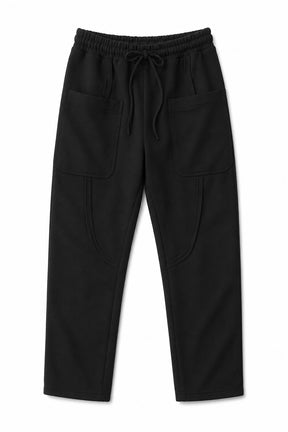 Black fleece pants with an elastic drawstring waist and large front patch pockets, shown flat on a white background.