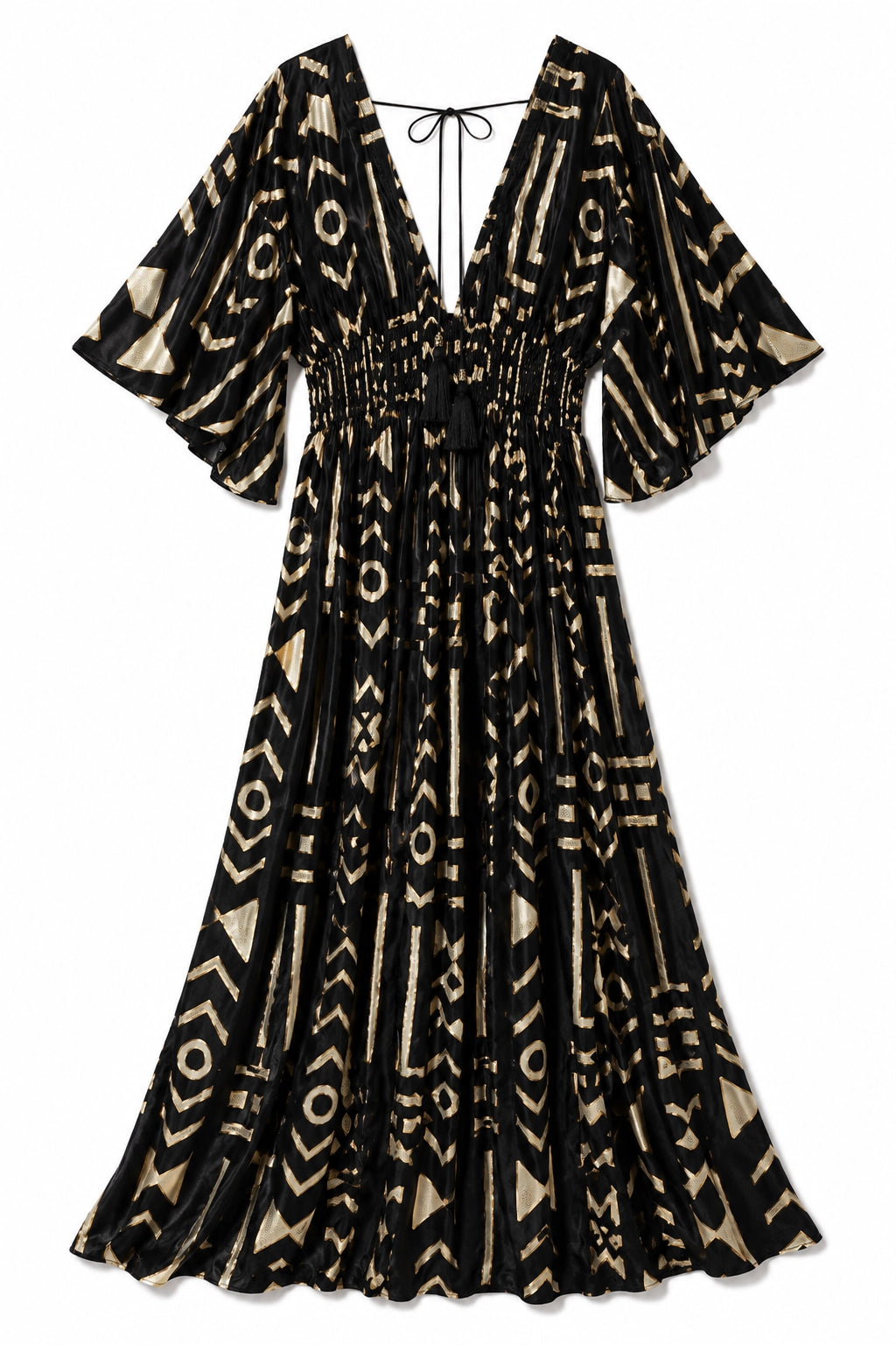 A black maxi dress with a beige geometric tribal pattern, featuring a smocked waist, tie neckline, and wide bell sleeves, shown against a plain white background.