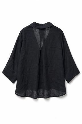 A black textured linen-blend cardigan with wide three-quarter sleeves and a split V-neckline, displayed flat against a white background.