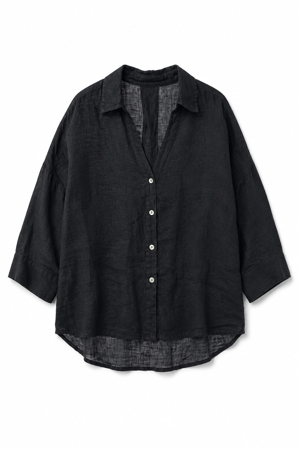A black long-sleeve button-up shirt with a textured linen-like fabric, laid flat against a white background.
