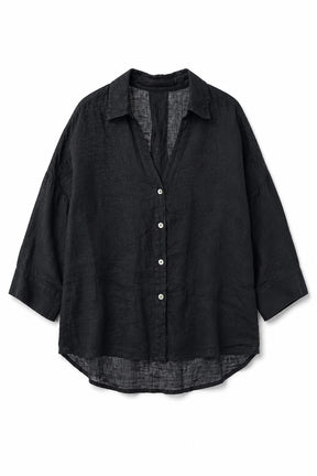 A black long-sleeve button-up shirt with a textured linen-like fabric, laid flat against a white background.
