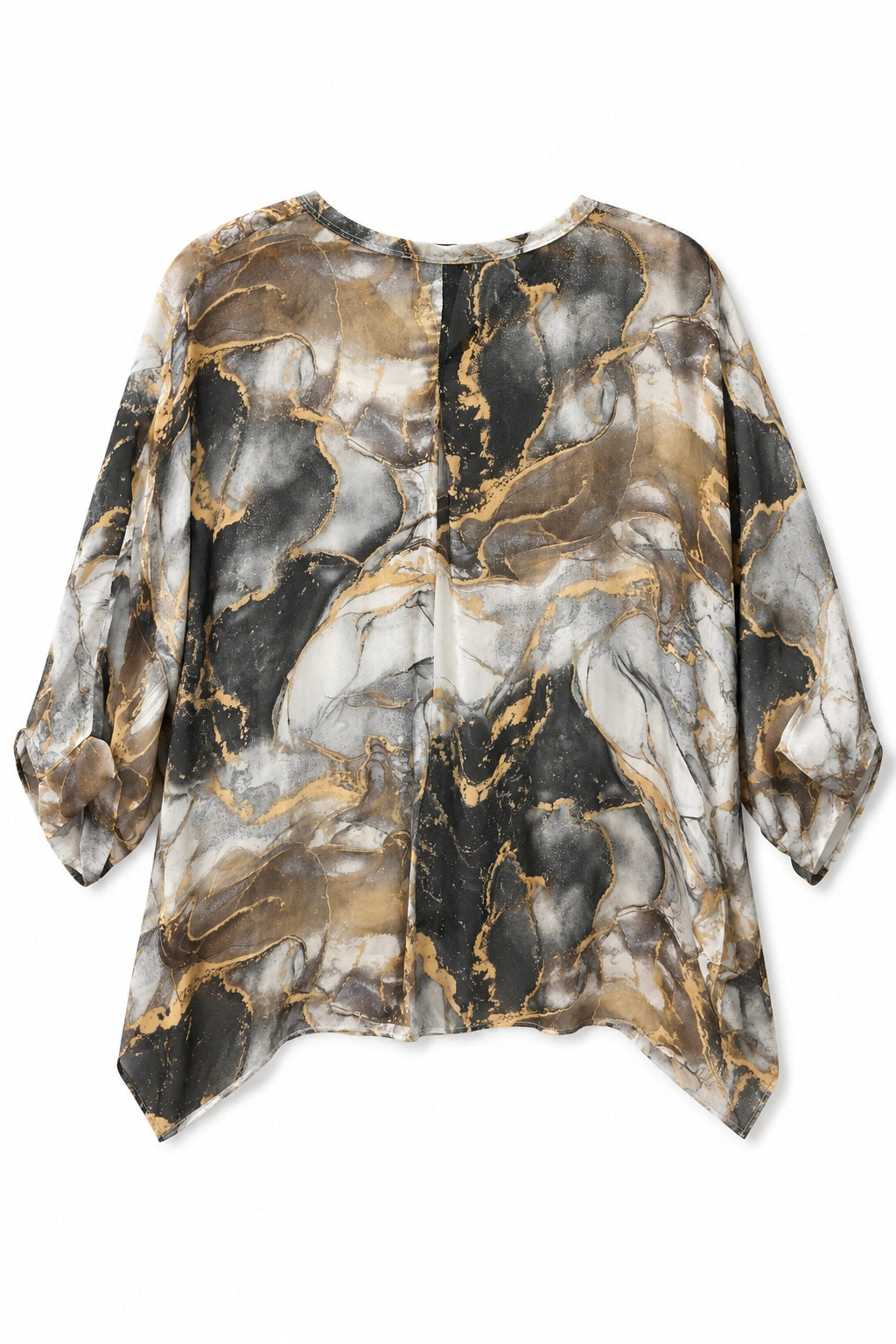 A loose-fitting blouse with a black, white, and gold marble pattern, featuring three-quarter balloon sleeves and a high-low hemline, shown against a plain white background.