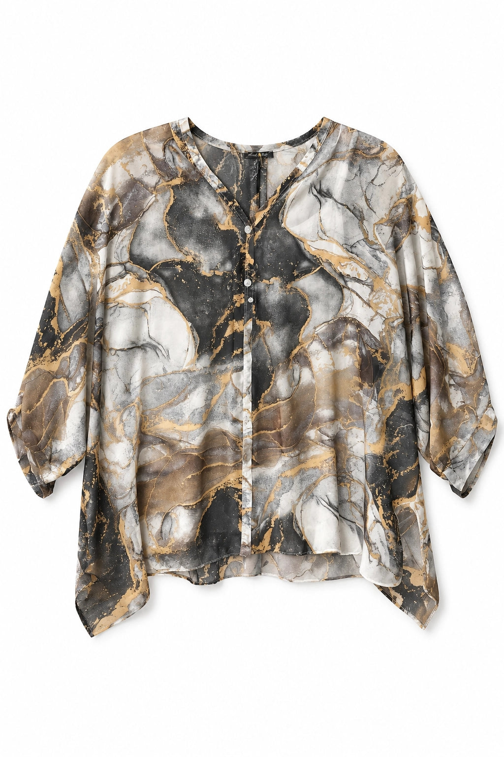 A lightweight, semi-sheer blouse featuring an abstract marble print in gray, black, white, and metallic gold, with elbow-length sleeves and a button-up front.