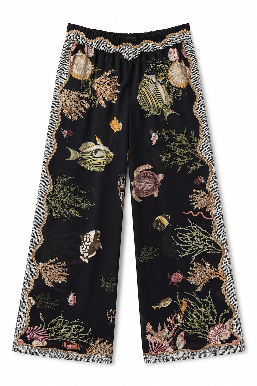Black wide-leg cropped pants featuring an all-over underwater print of fish, sea plants, and shells, finished with a gray and white patterned scalloped waistband and hem.