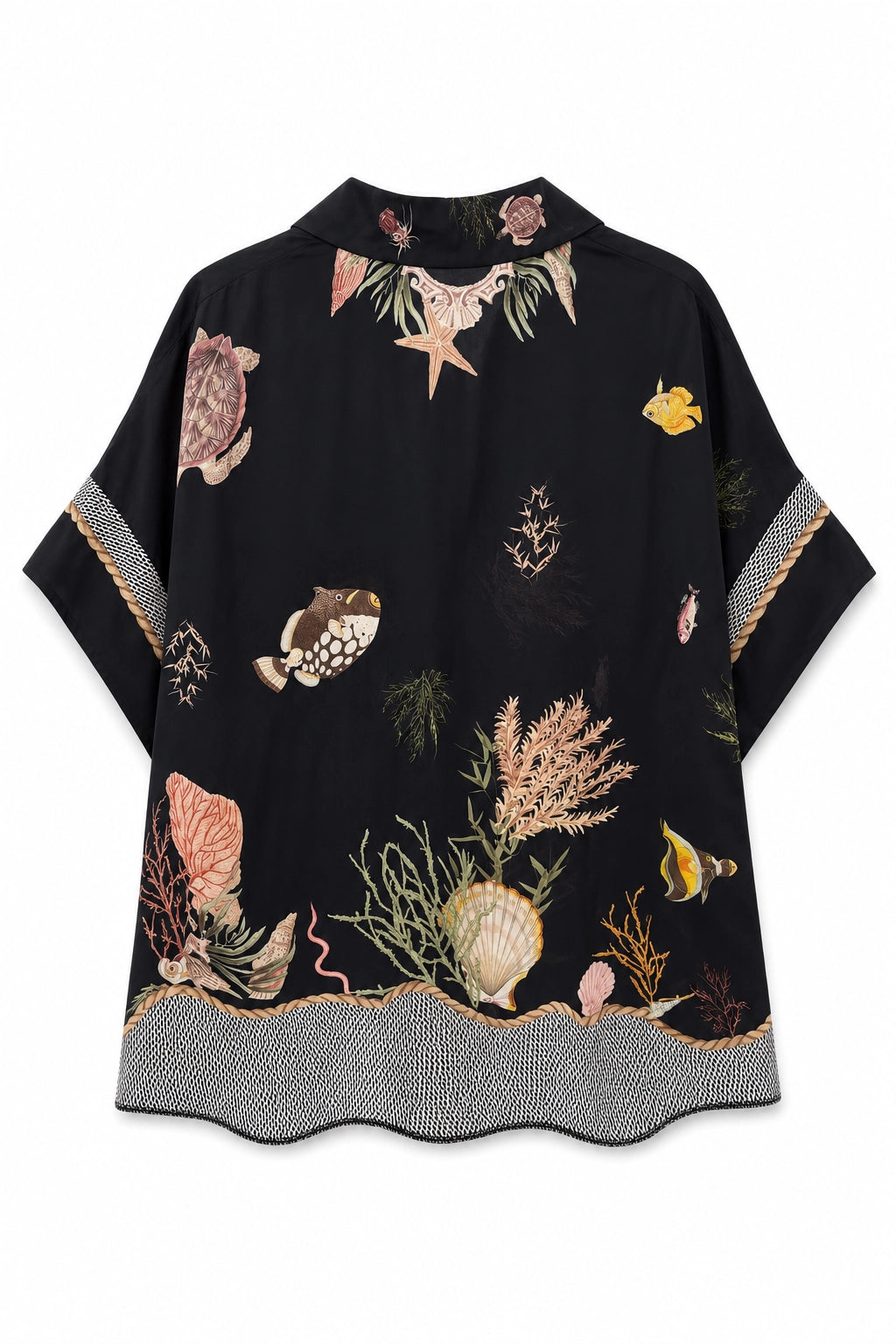 A black short-sleeve top featuring an all-over ocean-themed print with seashells, starfish, coral, and small yellow fish, finished with a gray patterned hem and sleeve cuffs.