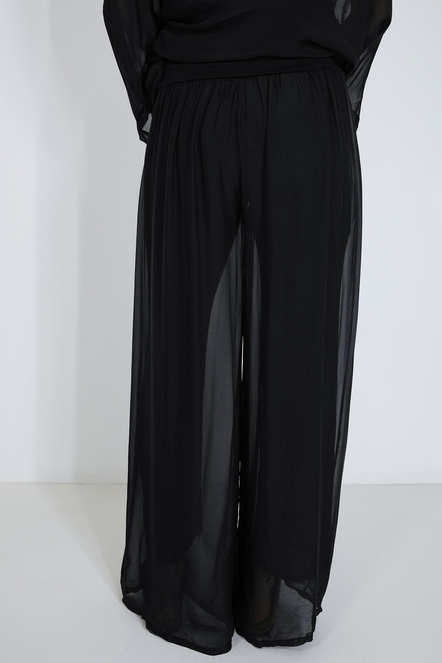 Black wide-leg pants on a white background