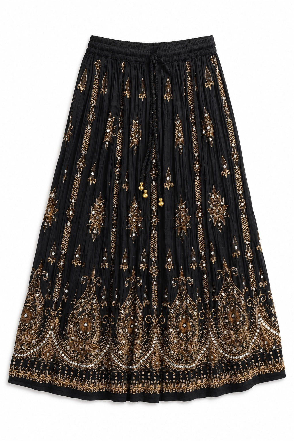 A black pleated midi skirt with intricate gold and brown bohemian paisley and floral embroidery, featuring a drawstring waistband.