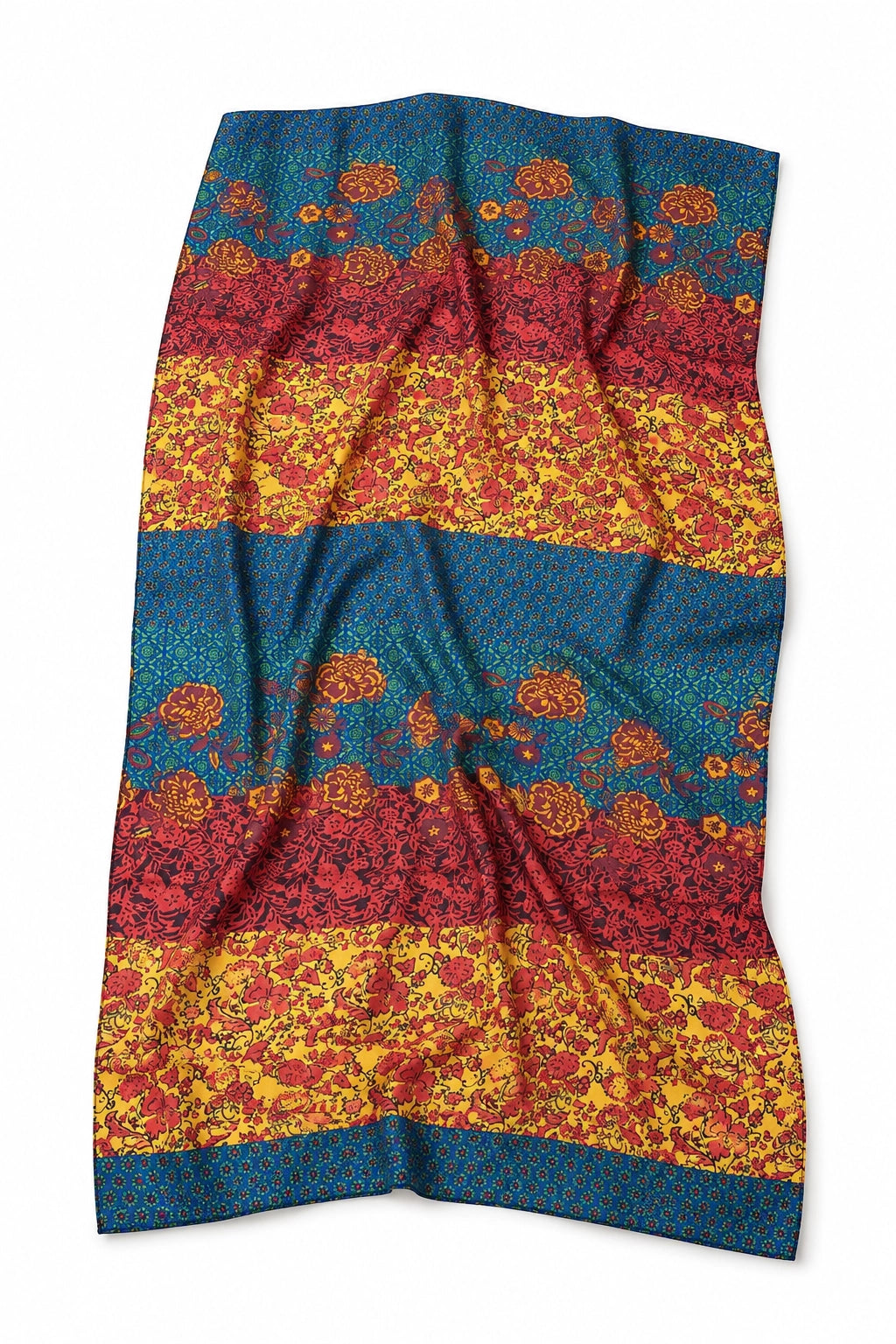 A rectangular textile item, likely a scarf or throw blanket, featuring a horizontal striped pattern with teal blue, red, and yellow floral and ornamental bands, shown against a plain white background.