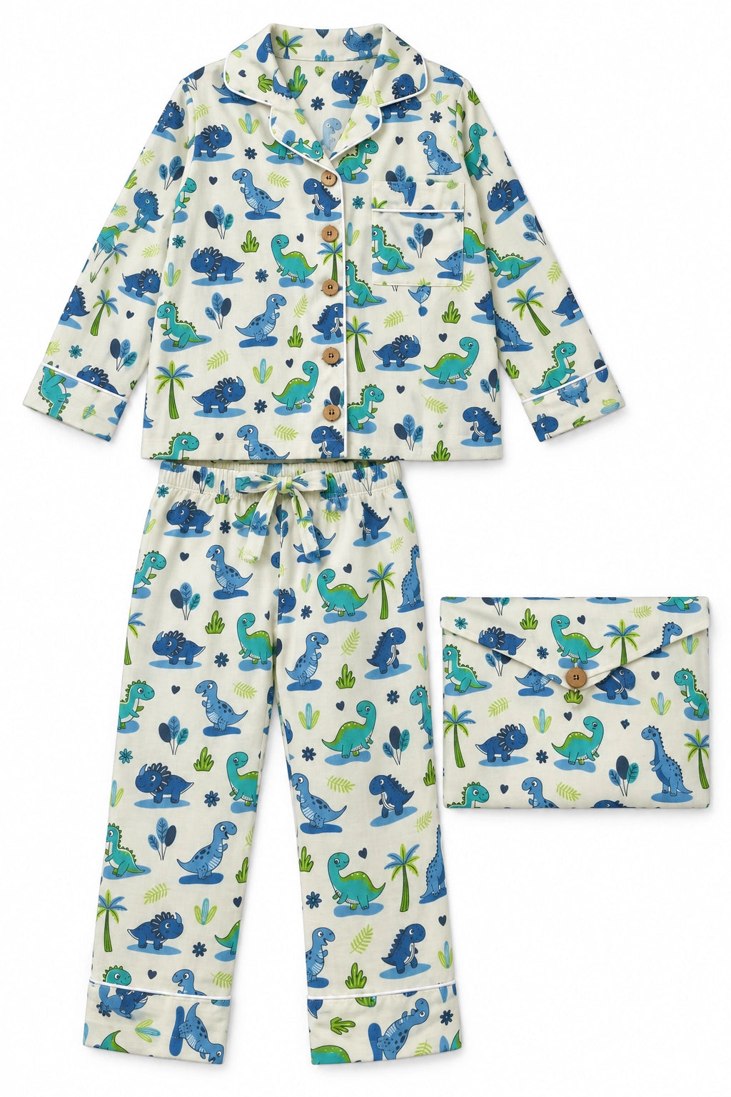 Blue Dino Cotton Long Sleeve PJ