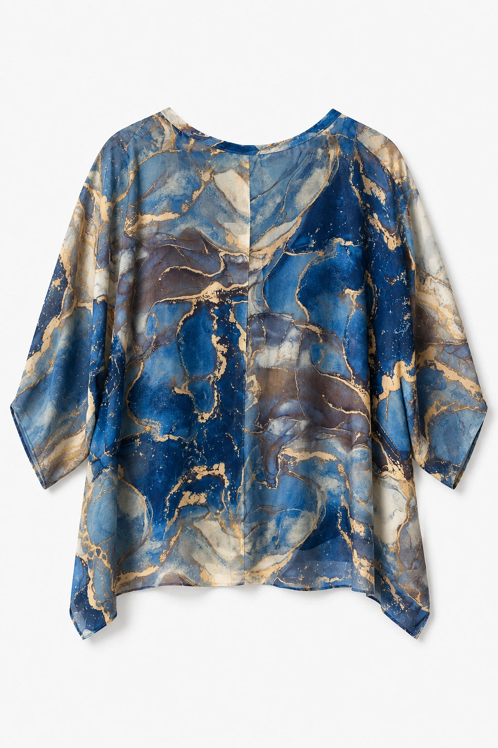 A loose-fitting, short-sleeved top with a blue and gold marble print, displayed flat against a light gray background.