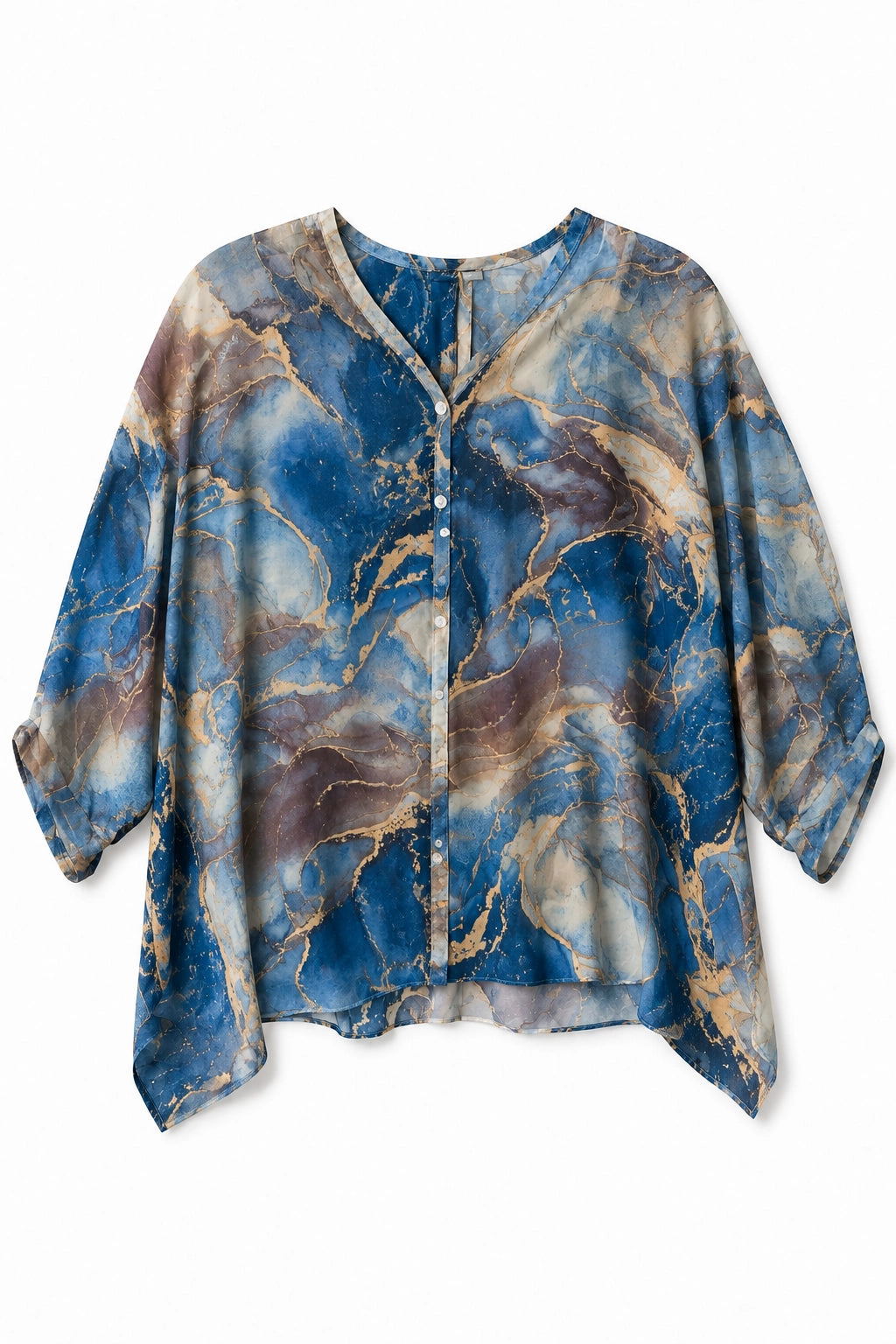 A women's loose-fitting blouse with a blue, brown, and gold marble print, featuring a split V-neckline, button-up front, and three-quarter sleeves.