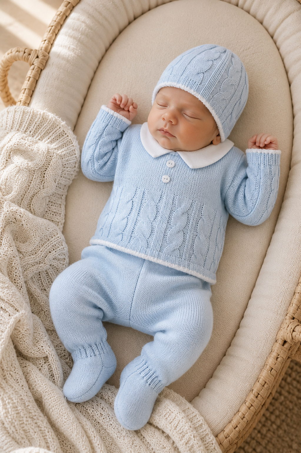 Newborn baby in a blue knitted outfit lying on a beige surface