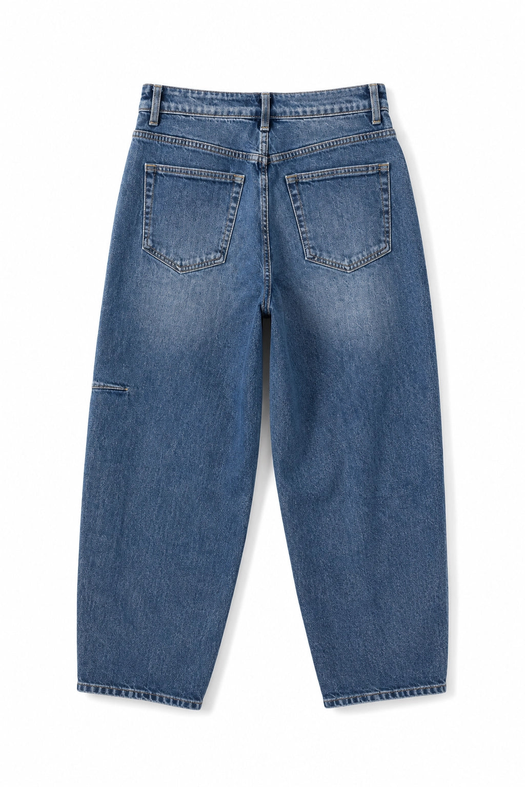 Rear view of a pair of medium-wash blue denim jeans with a straight-leg fit, featuring two back pockets and a small side cargo pocket on the right leg, shown against a plain white background.