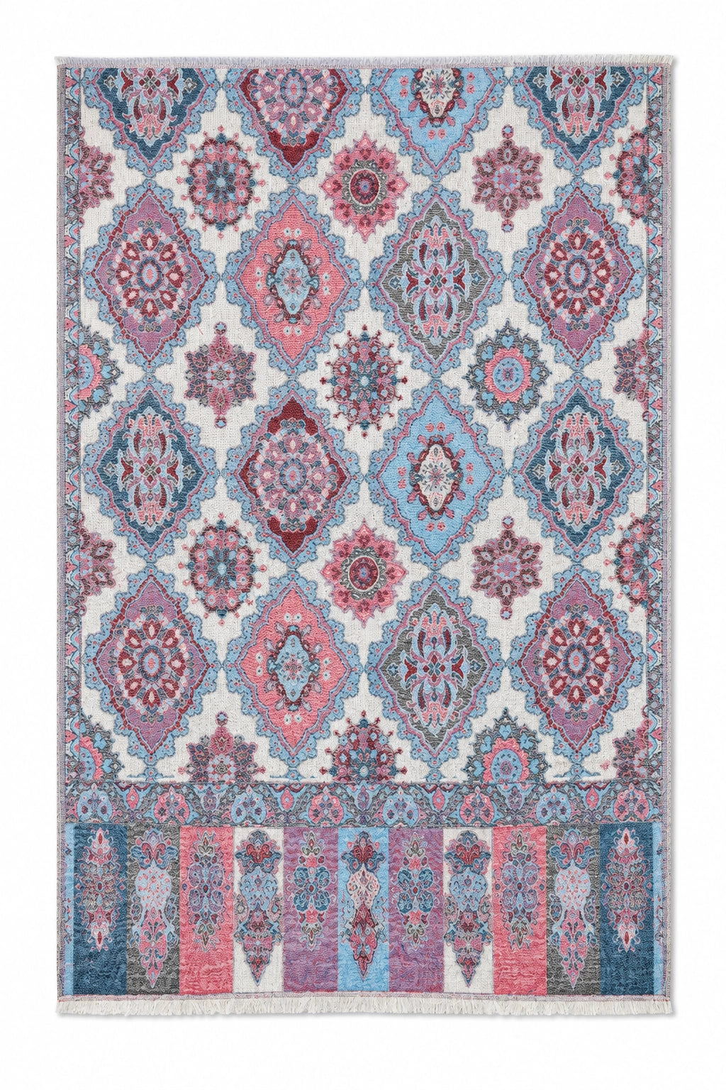Decorative scarf with geometric pattern in pink, blue, and white on a white background
