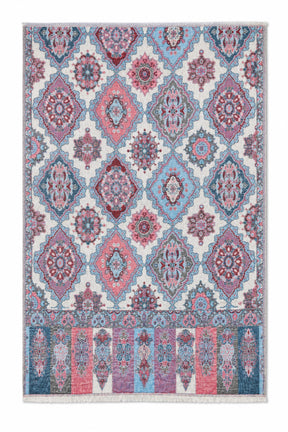 Decorative scarf with geometric pattern in pink, blue, and white on a white background