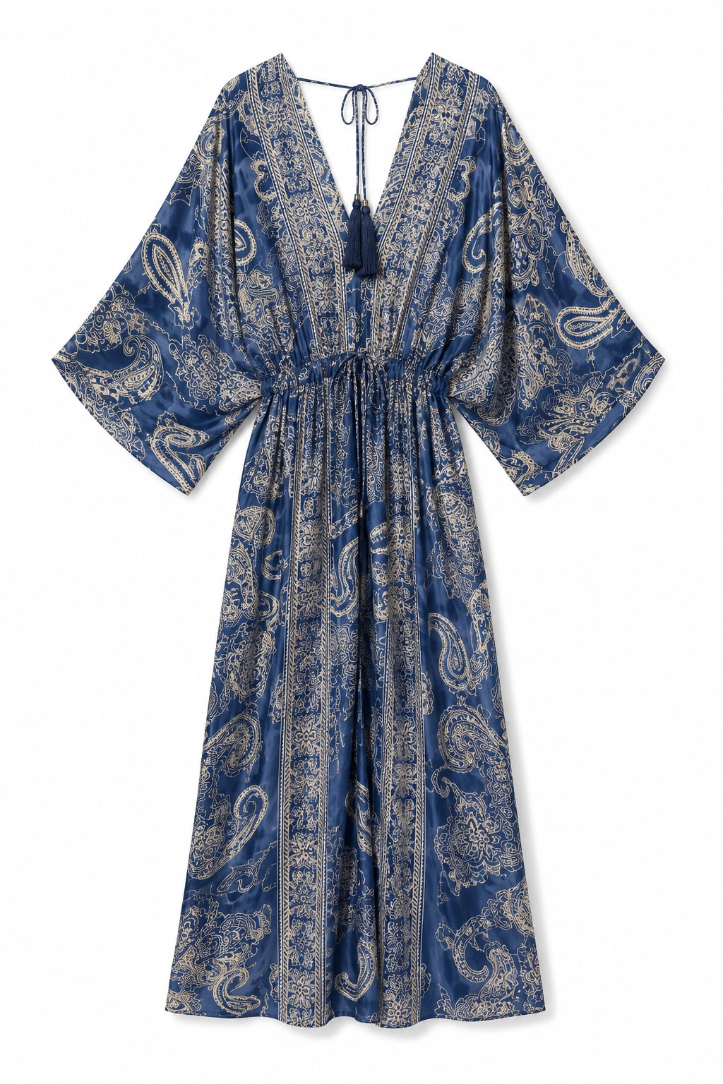 A blue and beige paisley print kaftan dress with wide three-quarter sleeves, a V-neckline, and a drawstring waist, shown against a plain white background.