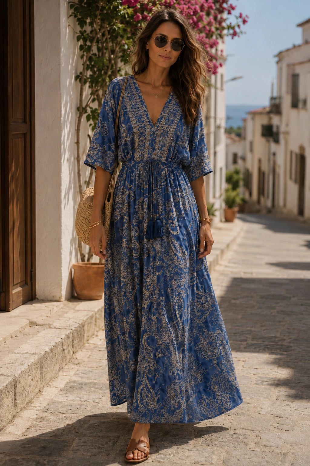 A woman wearing a blue and white paisley maxi dress with a V-neckline and elbow-length sleeves, walking down a sunny, cobblestone street lined with white buildings and pink flowers.