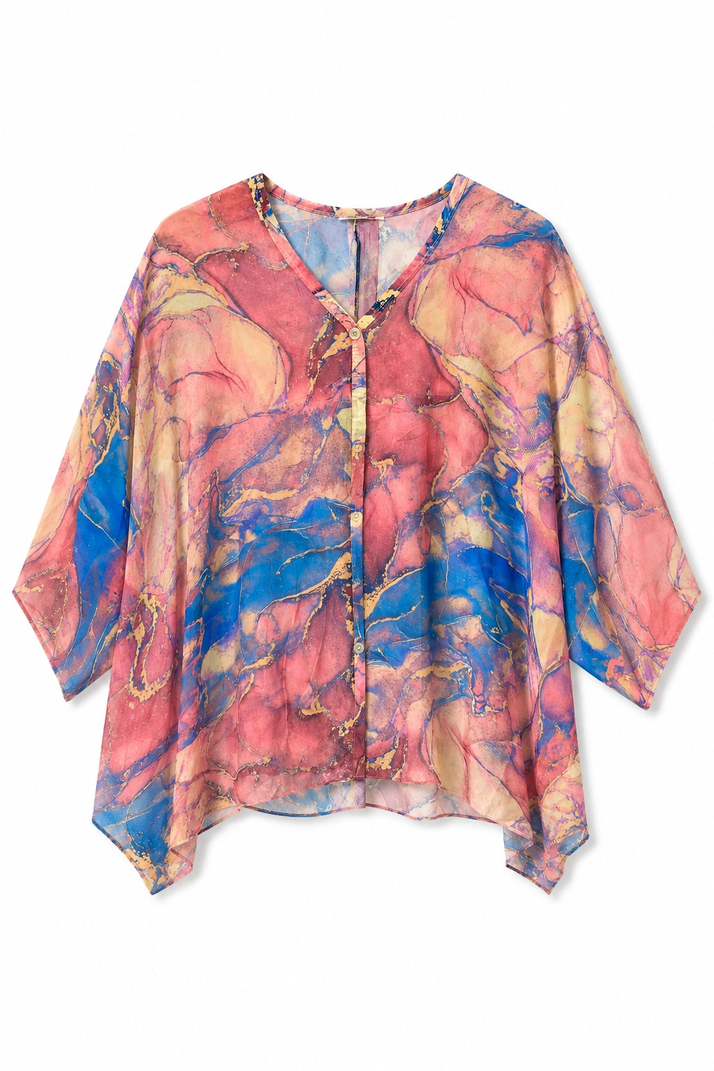 A lightweight, semi-sheer kaftan-style blouse with a vibrant pink, blue, and gold abstract marble print, featuring a V-neckline and three-quarter sleeves.