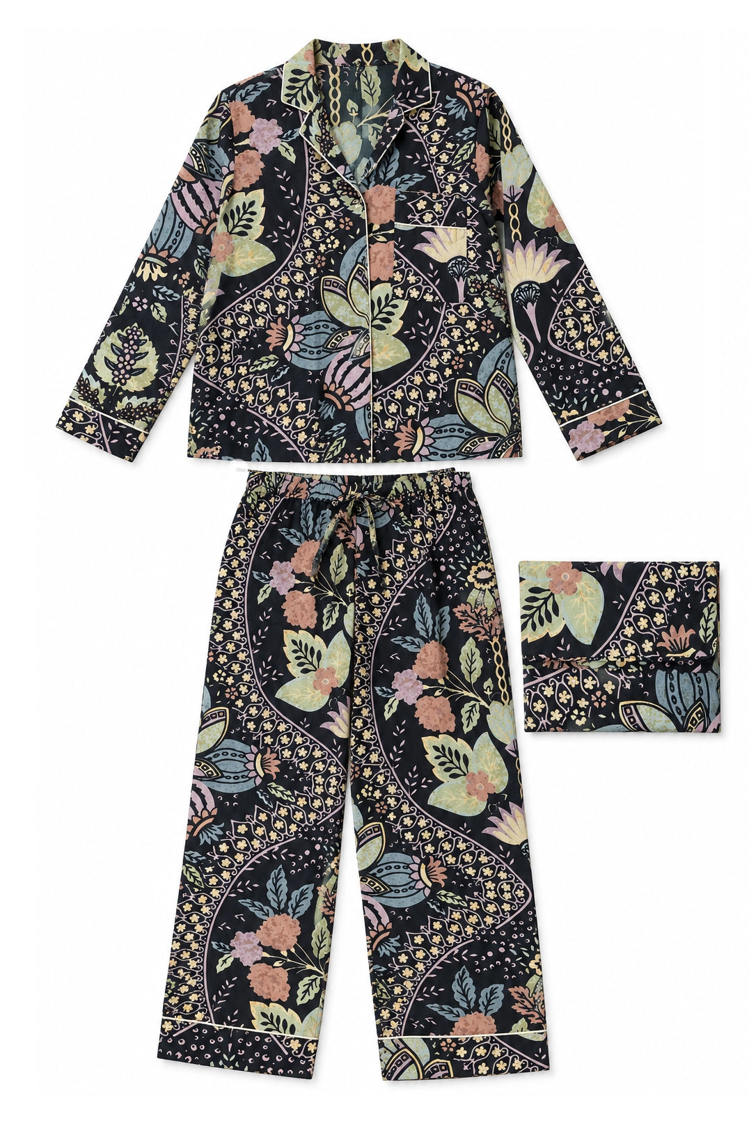 A three-piece pajama set featuring a long-sleeve button-up top, matching drawstring pants, and a small square fabric swatch, all in a dark navy blue base with a colorful floral and paisley print.