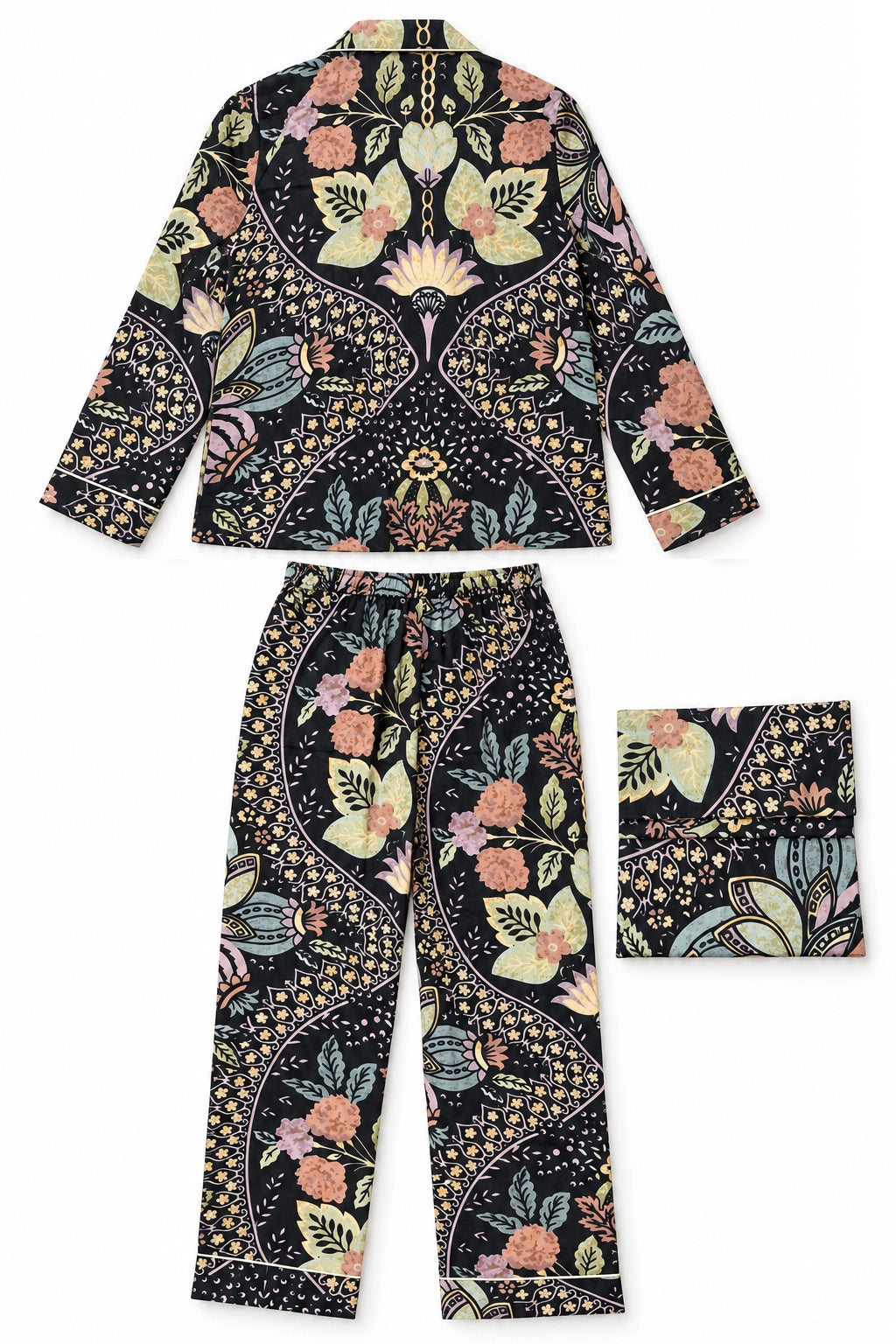 A three-piece pajama set featuring a long-sleeve top, matching pants, and a matching pillowcase, all decorated with a detailed botanical and floral paisley pattern on a black background.