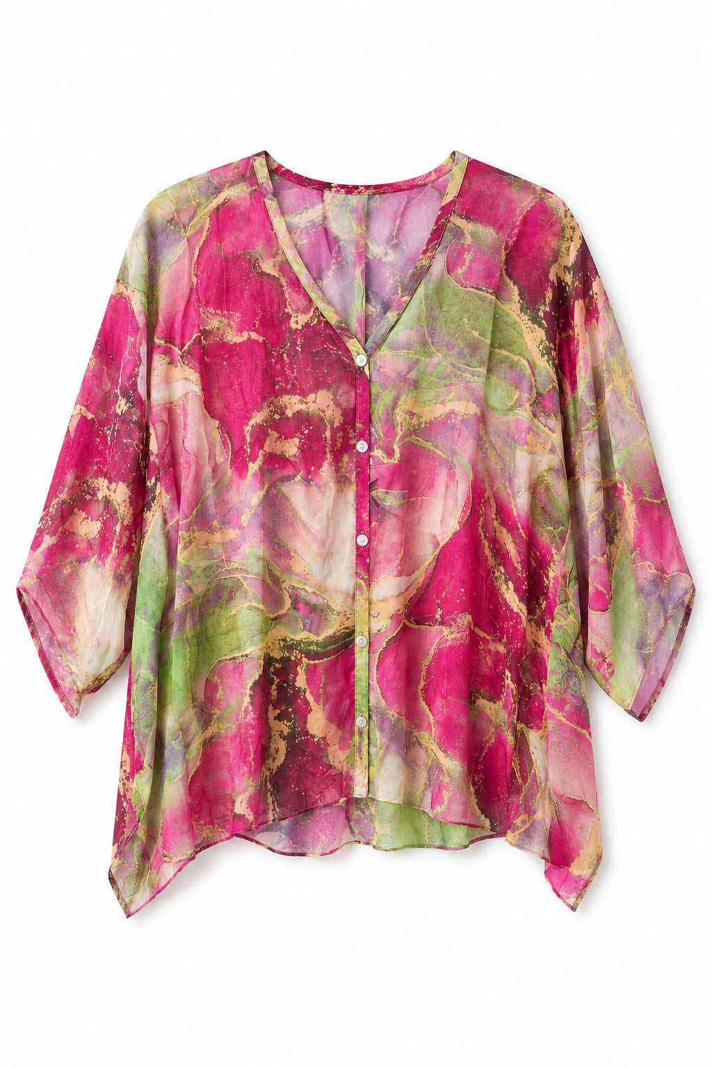 A lightweight, semi-sheer button-up top with a vibrant pink, green, and gold abstract marble print, displayed against a plain white background.