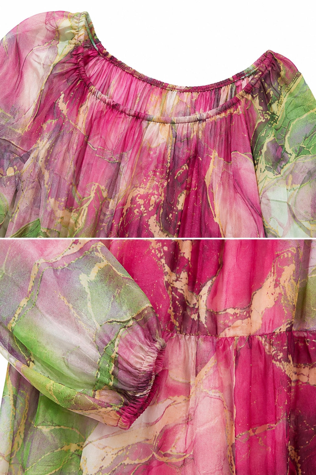 Close-up of a sheer, lightweight blouse with a pink, green, and gold abstract watercolor print, featuring gathered ruffles at the neckline and elbow-length sleeves.