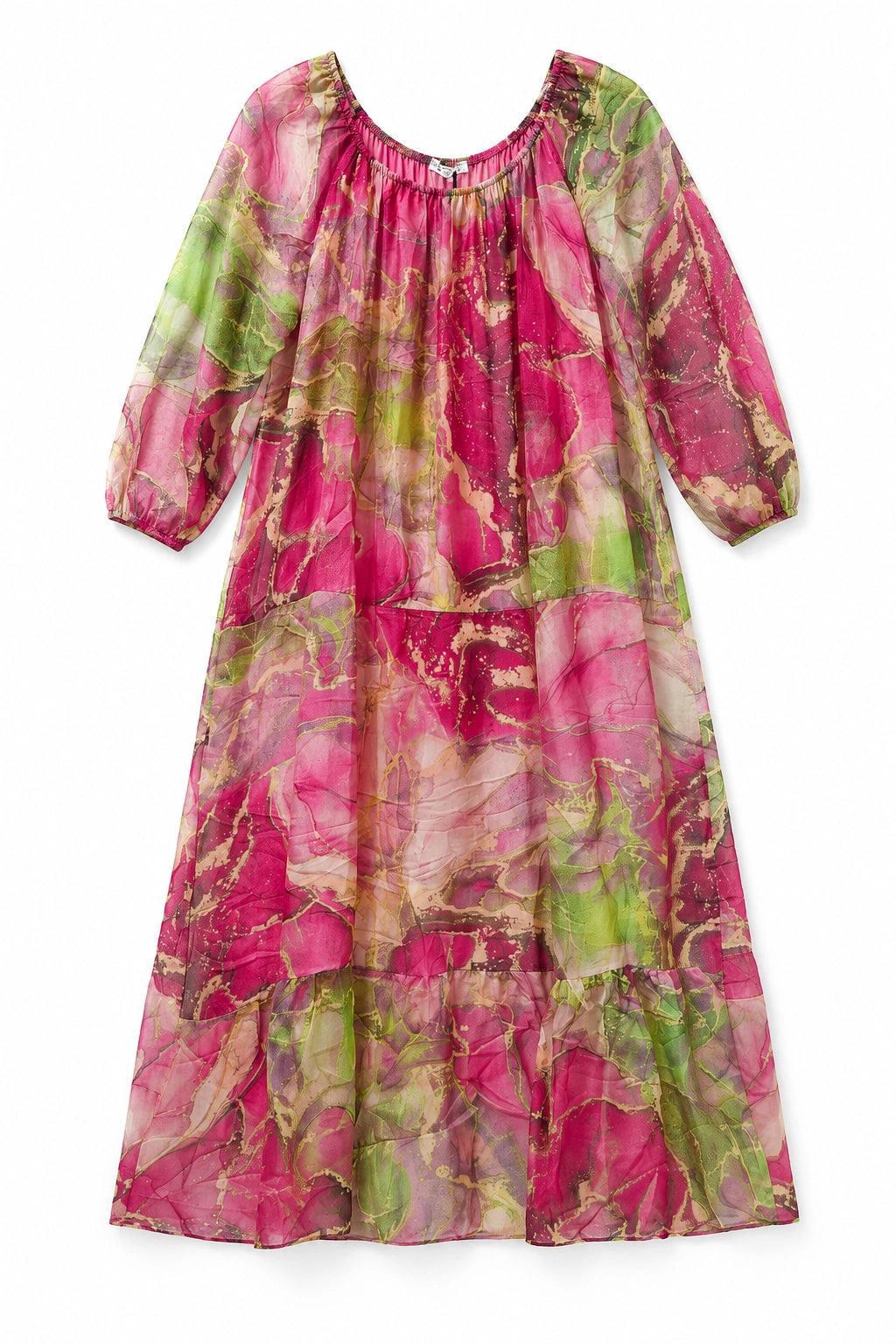A tiered midi dress with three-quarter sleeves, featuring a vibrant pink and lime green marble print with gold veining, displayed on a clean white background.