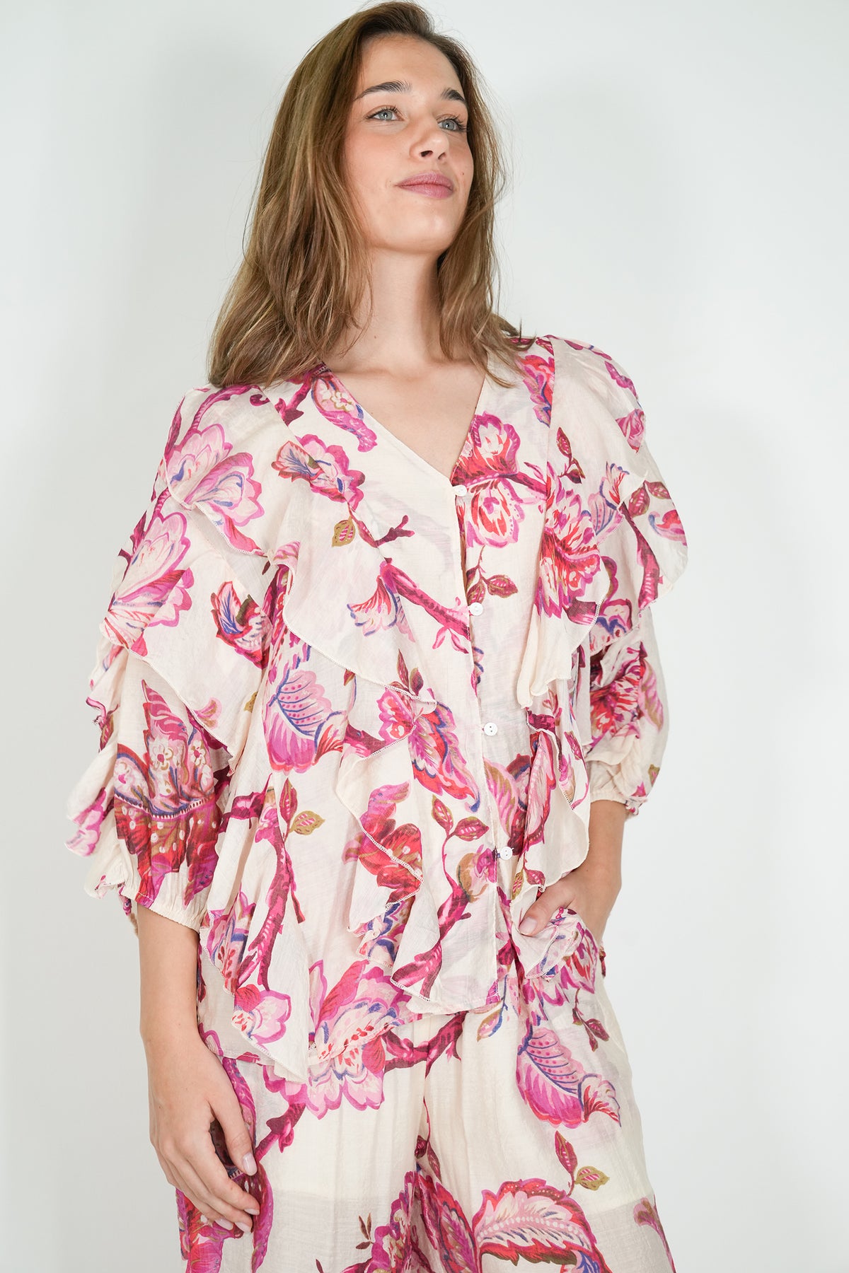 Cerise Print Ruffle Blouse