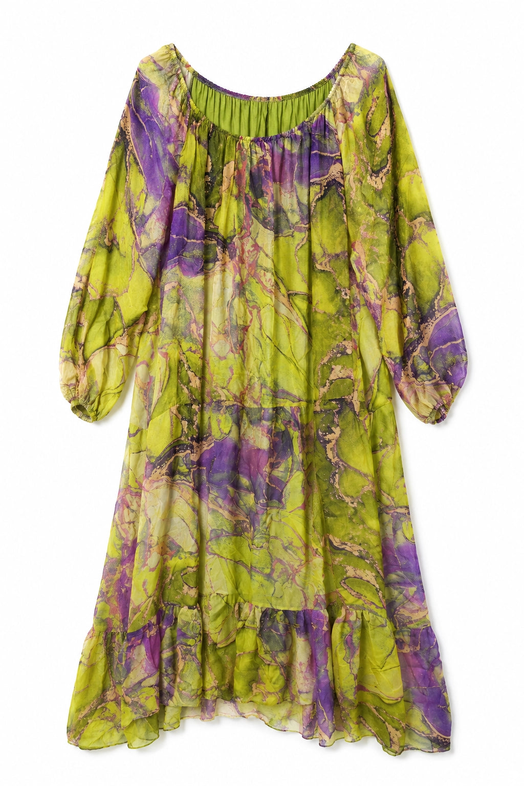 Chartreuse Marble Print Silk Dress